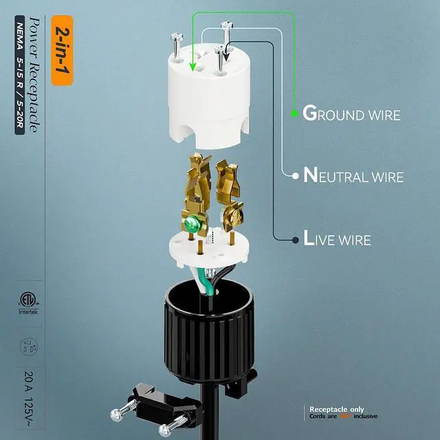 Alt view image 4 of 7 - (10PACK) NEMA 5-20R Female Socket, Plugrand 20A 125V AC Cord End Socket | Industrial Grade NEMA 5-15R Plug, ETL Listed Heavy Duty 3-Prong Female Straight Blade Connector, 15/20Amp 125V, Black/White