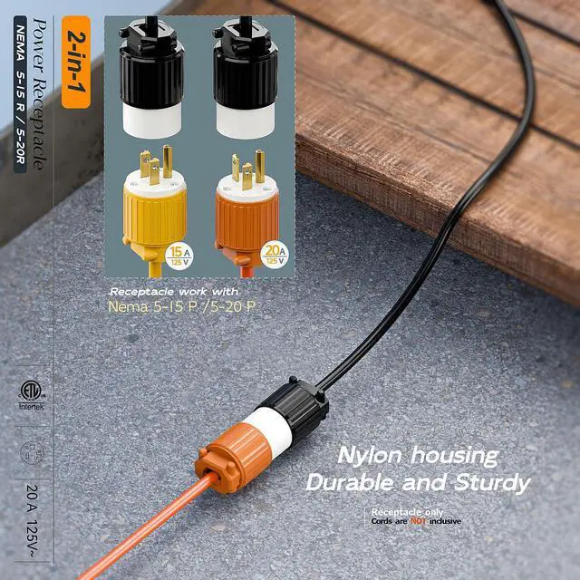 Alt view image 6 of 7 - (10PACK) NEMA 5-20R Female Socket, Plugrand 20A 125V AC Cord End Socket | Industrial Grade NEMA 5-15R Plug, ETL Listed Heavy Duty 3-Prong Female Straight Blade Connector, 15/20Amp 125V, Black/White