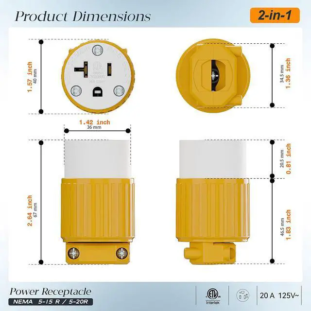Alt view image 2 of 7 - NEMA 5-20R Female Socket, Plugrand ETL Listed 20A 125V Heavy Duty Plug | Industrial Grade NEMA 5-15R 15A/125V Socket, 3-Prong Straight Blade Connector, 15/20Amp AC Cord End Socket, Yellow