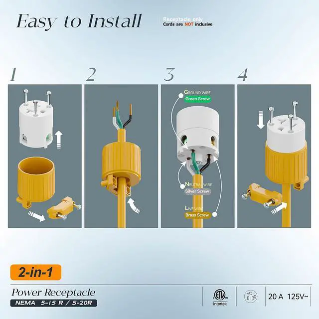 Alt view image 3 of 7 - NEMA 5-20R Female Socket, Plugrand ETL Listed 20A 125V Heavy Duty Plug | Industrial Grade NEMA 5-15R 15A/125V Socket, 3-Prong Straight Blade Connector, 15/20Amp AC Cord End Socket, Yellow