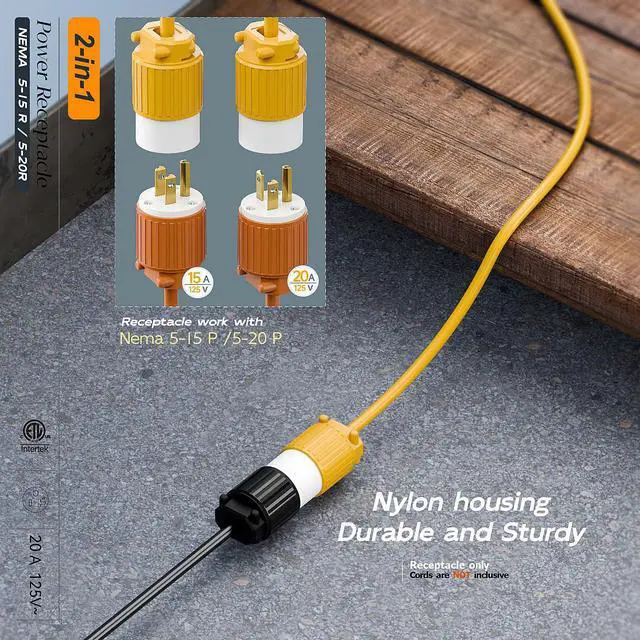 Alt view image 6 of 7 - NEMA 5-20R Female Socket, Plugrand ETL Listed 20A 125V Heavy Duty Plug | Industrial Grade NEMA 5-15R 15A/125V Socket, 3-Prong Straight Blade Connector, 15/20Amp AC Cord End Socket, Yellow