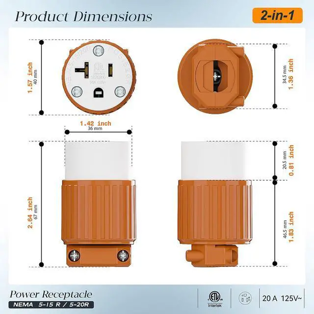 Alt view image 2 of 7 - 10PACK NEMA 5-20R Female Socket, Plugrand ETL Listed 20A 125V Cord End Plug | Industrial Grade NEMA 5-15R Female Socket, 15A/125V Heavy Duty 3-Prong Female Straight Blade Connector, 15/20Amp, Orange