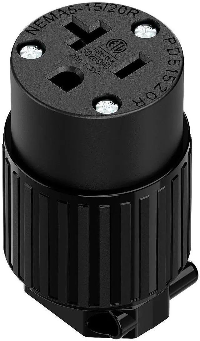Main image of NEMA 5-20R Female Socket, Plugrand ETL Listed 20A 125V Female Plug | NEMA 5-15R AC Industrial Grade Cord End Socket, Heavy Duty 3-Prong Female Straight Blade Connector, 15/20Amp, Black