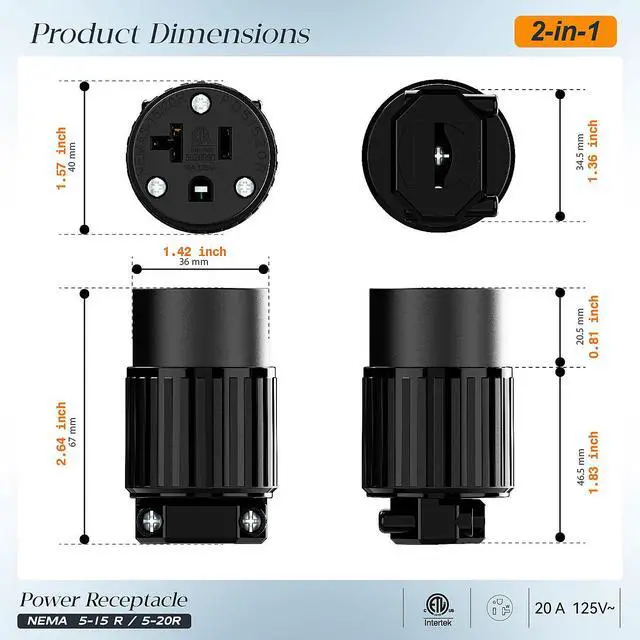 Alt view image 2 of 7 - NEMA 5-20R Female Socket, Plugrand ETL Listed 20A 125V Female Plug | NEMA 5-15R AC Industrial Grade Cord End Socket, Heavy Duty 3-Prong Female Straight Blade Connector, 15/20Amp, Black
