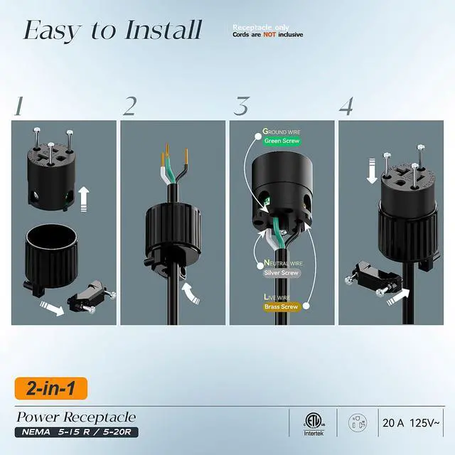 Alt view image 3 of 7 - NEMA 5-20R Female Socket, Plugrand ETL Listed 20A 125V Female Plug | NEMA 5-15R AC Industrial Grade Cord End Socket, Heavy Duty 3-Prong Female Straight Blade Connector, 15/20Amp, Black