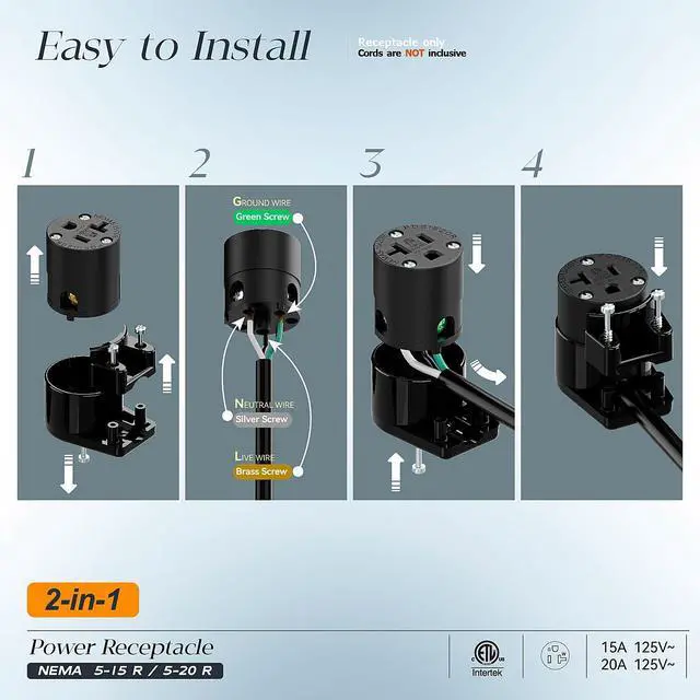 Alt view image 3 of 7 - (2PACK) Right Angled NEMA 5-20R Female Socket,20Amp/125Volt, NEMA 5-15R 15A/125V ETL Listed Heavy Duty 3-Prong Female Straight Blade Connector, 15/20Amp AC Industrial Grade Cord End Socket, Black
