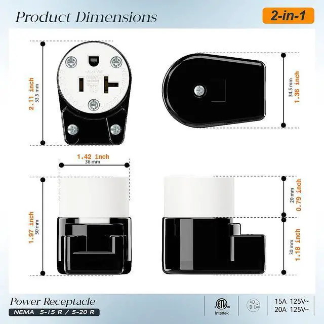 Alt view image 2 of 7 - (2PACK) Right Angled NEMA 5-20R Female Socket,20Amp/125Volt, NEMA 5-15R 15A/125V ETL Listed Heavy Duty 3-Prong Straight Blade ,15/20Amp AC Industrial Grade Cord End Socket, Black/White