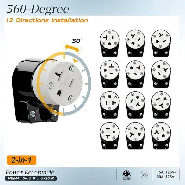 Alt view image 7 of 7 - (2PACK) Right Angled NEMA 5-20R Female Socket,20Amp/125Volt, NEMA 5-15R 15A/125V ETL Listed Heavy Duty 3-Prong Straight Blade ,15/20Amp AC Industrial Grade Cord End Socket, Black/White