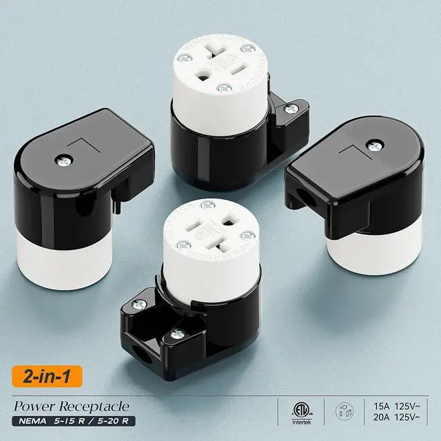 Alt view image 7 of 7 - Right Angled NEMA 5-20R Female Socket,20Amp/125Volt, NEMA 5-15R 15A/125V ETL Listed Heavy Duty 3-Prong Female Straight Blade Connector, 15/20Amp AC Industrial Grade Cord End Socket, Black/White