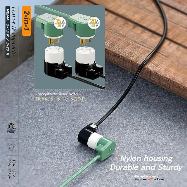 Alt view image 6 of 7 - (2PACK) Right Angled NEMA 5-20R Female Socket,20Amp/125Volt, NEMA 5-15R 15A/125V ETL Listed Heavy Duty 3-Prong Straight Blade ,15/20Amp AC Industrial Grade Cord End Socket, Black/White