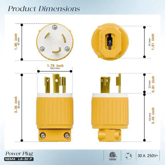 Alt view image 2 of 7 - NEMA L6-30P Locking Plug, (ETL Listed) Twist Lock L6-30 30Amp 250Volt Male AC Connector, Industrial Grade 30A 250V Replacement Plugs, T-Shaped Rotated Blade, PDL630P Yellow