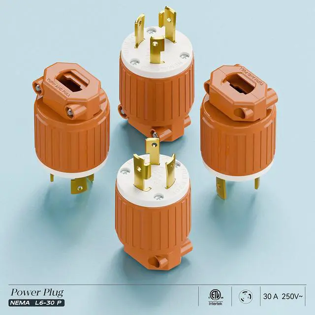 Alt view image 7 of 7 - NEMA L6-30P Locking Plug, (ETL Listed) Twist Lock L6-30 30Amp 250Volt Male AC Connector, Industrial Grade 30A 250V Replacement Plugs, T-Shaped Rotated Blade, PDL630P Orange