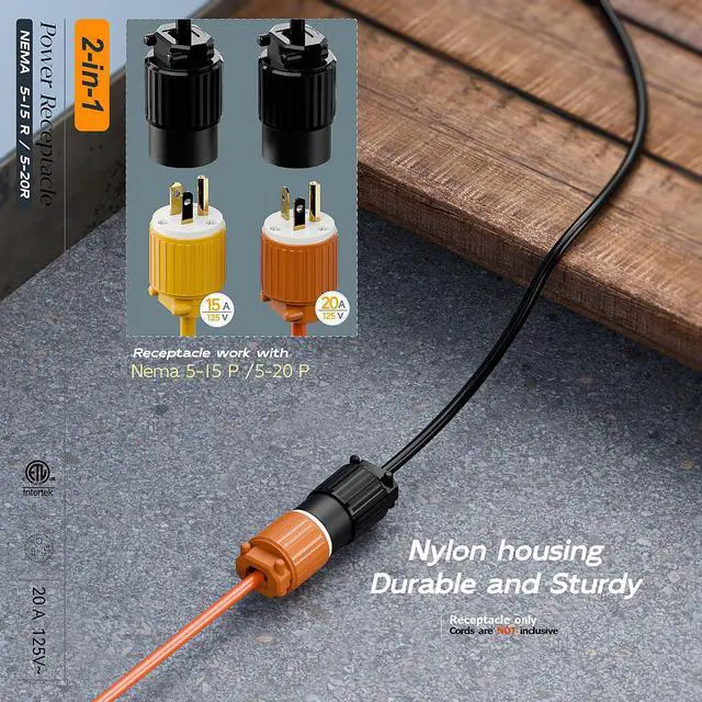 Alt view image 6 of 7 - NEMA 5-20R Female Socket, Plugrand ETL Listed 20A 125V Female Plug | NEMA 5-15R AC Industrial Grade Cord End Socket, Heavy Duty 3-Prong Female Straight Blade Connector, 15/20Amp, Black