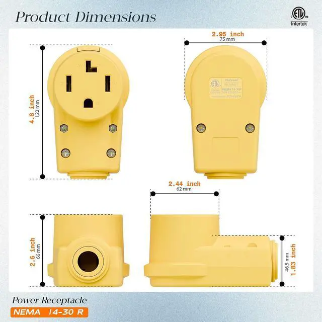 Alt view image 2 of 7 - NEMA 14-30R Plug,14-30 30A/125/250V Female Connector, (ETL Certified) 30Amp 125/250Volt Cord End Socket, Female 30A Dryer Receptacle, Heavy Duty, Yellow.
