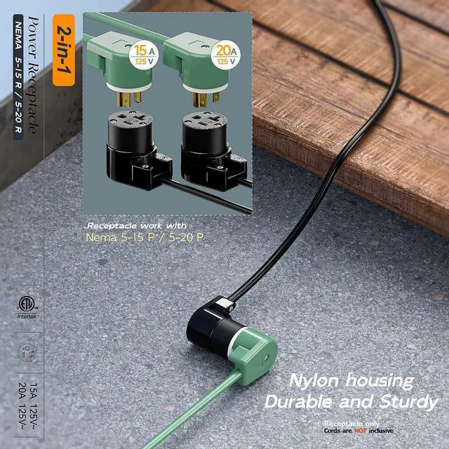 Alt view image 6 of 7 - (2PACK) Right Angled NEMA 5-20R Female Socket,20Amp/125Volt, NEMA 5-15R 15A/125V ETL Listed Heavy Duty 3-Prong Female Straight Blade Connector, 15/20Amp AC Industrial Grade Cord End Socket, Black