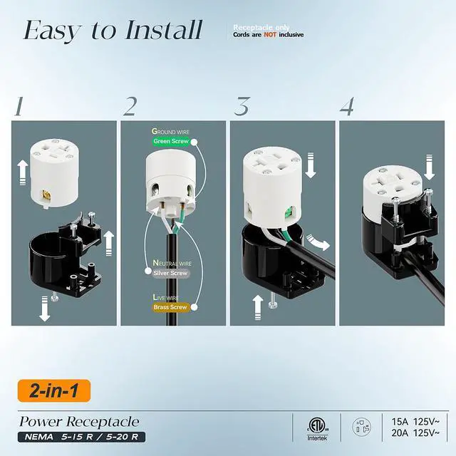 Alt view image 3 of 7 - (2PACK) Right Angled NEMA 5-20R Female Socket,20Amp/125Volt, NEMA 5-15R 15A/125V ETL Listed Heavy Duty 3-Prong Straight Blade ,15/20Amp AC Industrial Grade Cord End Socket, Black/White