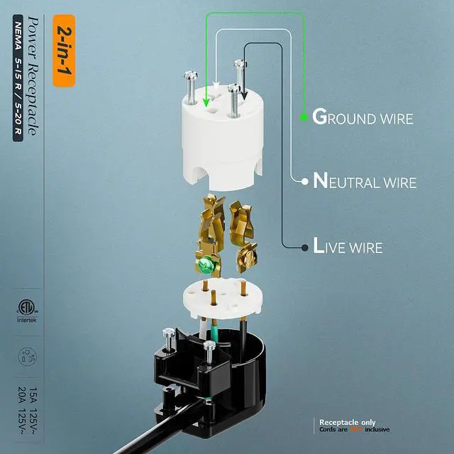 Alt view image 4 of 7 - (2PACK) Right Angled NEMA 5-20R Female Socket,20Amp/125Volt, NEMA 5-15R 15A/125V ETL Listed Heavy Duty 3-Prong Straight Blade ,15/20Amp AC Industrial Grade Cord End Socket, Black/White