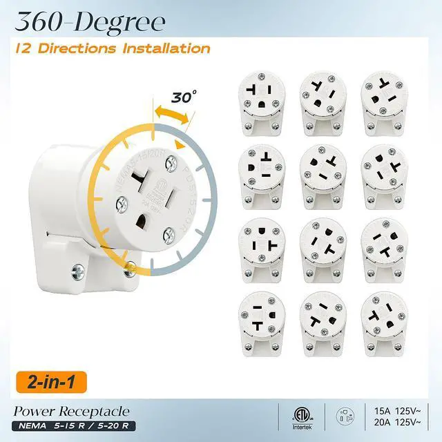 Alt view image 7 of 7 - (2PACK) Right Angled NEMA 5-20R Female Socket,20Amp/125Volt, NEMA 5-15R 15A/125V ETL Listed Heavy Duty 3-Prong Female Straight Blade Connector, 15/20Amp AC Industrial Grade Cord End Socket, White