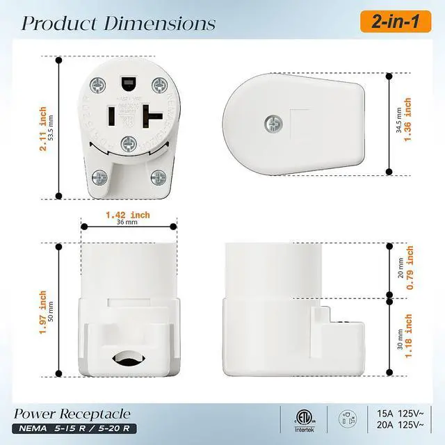 Alt view image 2 of 7 - Right Angled NEMA 5-20R Female Socket,20Amp/125Volt, NEMA 5-15R 15A/125V ETL Listed Heavy Duty 3-Prong Female Straight Blade Connector, 15/20Amp AC Industrial Grade Cord End Socket, White
