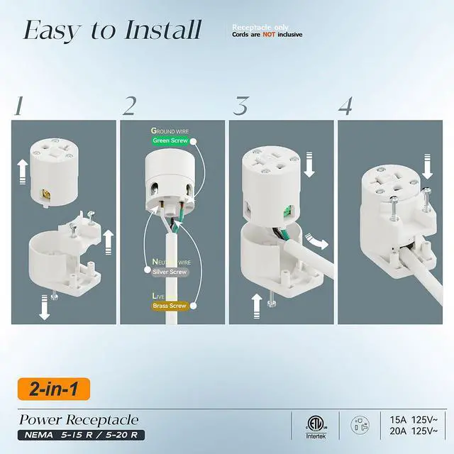 Alt view image 3 of 7 - Right Angled NEMA 5-20R Female Socket,20Amp/125Volt, NEMA 5-15R 15A/125V ETL Listed Heavy Duty 3-Prong Female Straight Blade Connector, 15/20Amp AC Industrial Grade Cord End Socket, White