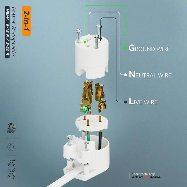 Alt view image 4 of 7 - Right Angled NEMA 5-20R Female Socket,20Amp/125Volt, NEMA 5-15R 15A/125V ETL Listed Heavy Duty 3-Prong Female Straight Blade Connector, 15/20Amp AC Industrial Grade Cord End Socket, White