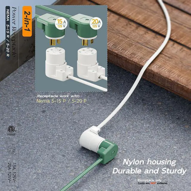 Alt view image 6 of 7 - Right Angled NEMA 5-20R Female Socket,20Amp/125Volt, NEMA 5-15R 15A/125V ETL Listed Heavy Duty 3-Prong Female Straight Blade Connector, 15/20Amp AC Industrial Grade Cord End Socket, White