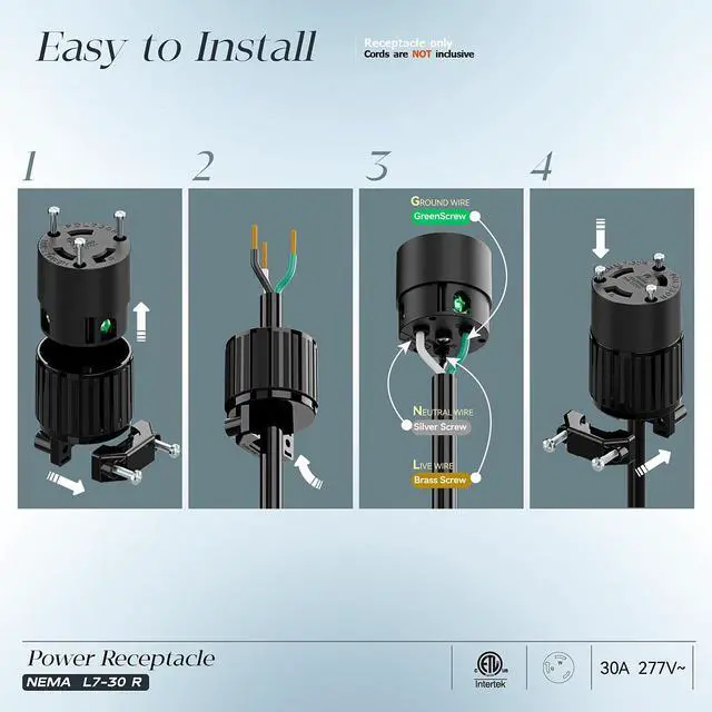 Alt view image 3 of 7 - NEMA L7-30R Locking Plug, (ETL Listed) Cord End Connector, Twist Lock L7-30R 30Amp 277Volt Female AC Connector, Industrial Grade 30A 277V Replacement Socket PDL730R Black