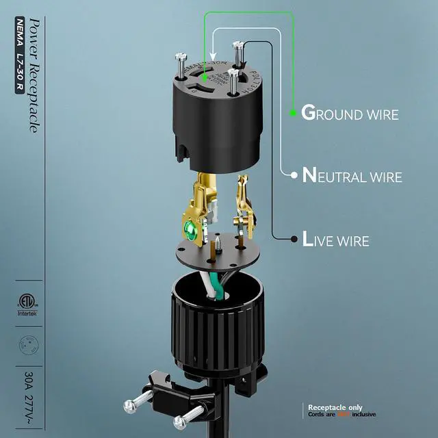 Alt view image 4 of 7 - NEMA L7-30R Locking Plug, (ETL Listed) Cord End Connector, Twist Lock L7-30R 30Amp 277Volt Female AC Connector, Industrial Grade 30A 277V Replacement Socket PDL730R Black