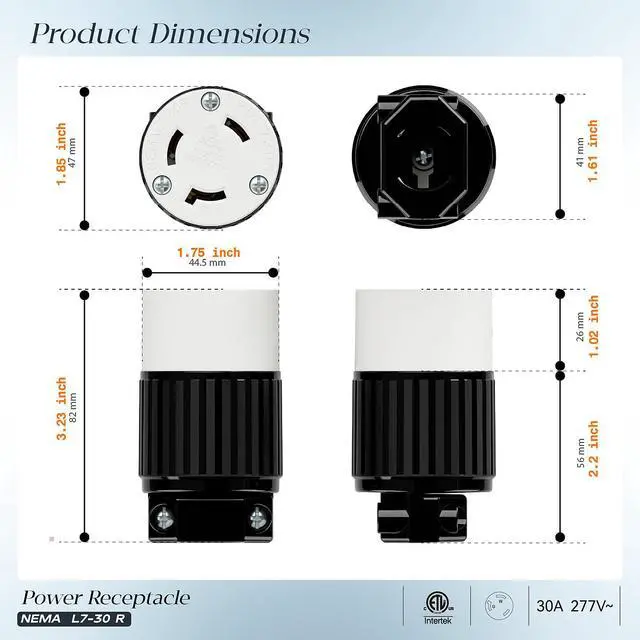 Alt view image 2 of 7 - 2PACK NEMA L7-30R Locking Plug, (ETL Listed) Cord End Connector, Twist Lock L7-30R 30Amp 277Volt Female AC Connector, Industrial Grade 30A 277V Replacement Socket PDL730R Black/White