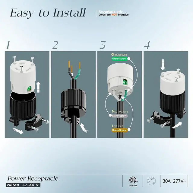 Alt view image 3 of 7 - 2PACK NEMA L7-30R Locking Plug, (ETL Listed) Cord End Connector, Twist Lock L7-30R 30Amp 277Volt Female AC Connector, Industrial Grade 30A 277V Replacement Socket PDL730R Black/White