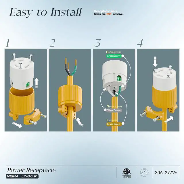 Alt view image 3 of 7 - 2PACK NEMA L7-30R Locking Plug, (ETL Listed) Cord End Connector, Twist Lock L7-30R 30Amp 277Volt Female AC Connector, Industrial Grade 30A 277V Replacement Socket PDL730R Yellow