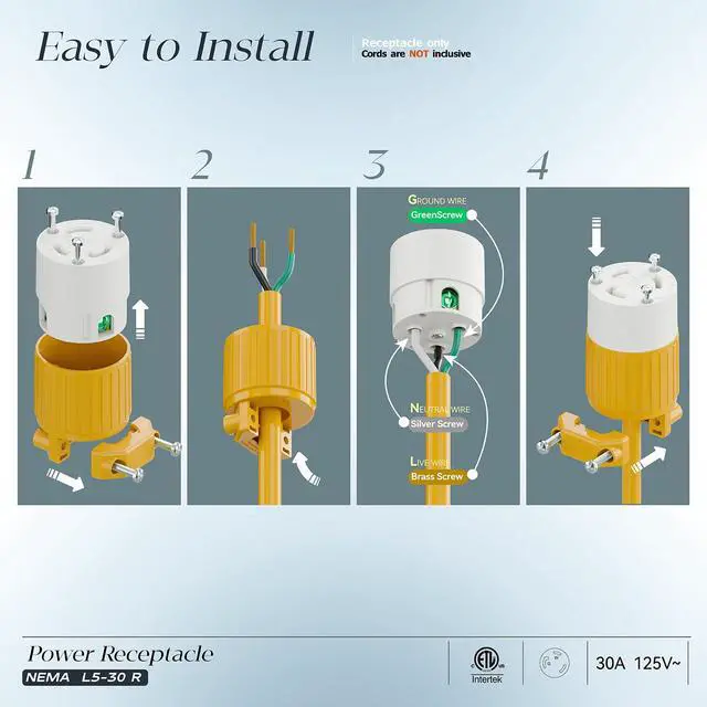 Alt view image 3 of 7 - NEMA L5-30R Locking Plug Receptacle, (ETL Listed) Twist Lock L5-30R 30Amp 125Volt AC Connector, Industrial Grade Lock in Female 30A/125V Socket, Heavy Duty 125V,30A, 3750Watt Yellow