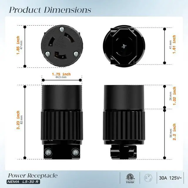 Alt view image 2 of 7 - NEMA L5-30R Locking Plug Receptacle, (ETL Listed) Twist Lock L5-30R 30Amp 125Volt AC Connector, Industrial Grade Lock in Female 30A/125V Socket, Heavy Duty 125V,30A, 3750Watt Black