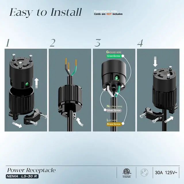 Alt view image 3 of 7 - NEMA L5-30R Locking Plug Receptacle, (ETL Listed) Twist Lock L5-30R 30Amp 125Volt AC Connector, Industrial Grade Lock in Female 30A/125V Socket, Heavy Duty 125V,30A, 3750Watt Black