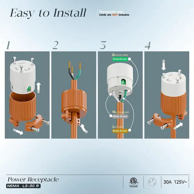 Alt view image 3 of 7 - NEMA L5-30R Locking Plug Receptacle, (ETL Listed) Twist Lock L5-30R 30Amp 125Volt AC Connector, Industrial Grade Lock in Female 30A/125V Socket, Heavy Duty 125V,30A, 3750Watt Orange