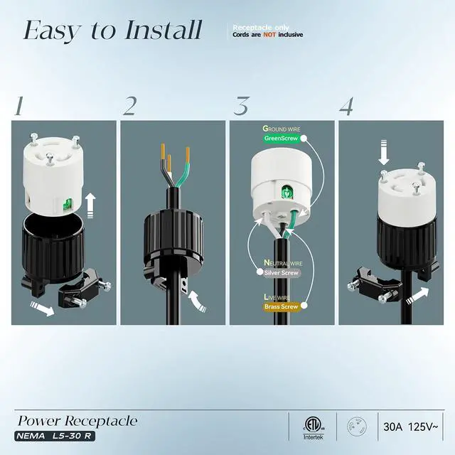 Alt view image 3 of 7 - NEMA L5-30R(L5-30C) 30A 125V Locking Receptacle Generator 30A Female Socket, 2 Pole, 3 Wire, Industrial Grade Locking Outlet, Easy Assembly 3-Prong Male Straight Blade DIY