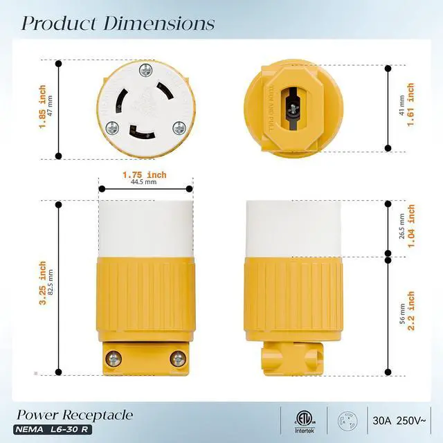 Alt view image 2 of 7 - NEMA L6-30R Locking Plug Receptacle, (ETL Listed) Twist-Lock L6-30 30Amp 250Volt Female Connector, Industrial Grade 30A 250V Replacement Socket, PDL630P Yellow