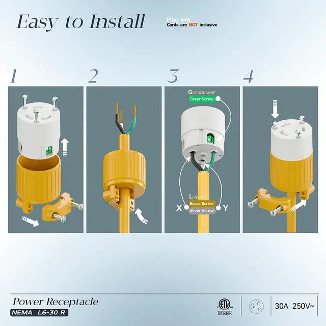Alt view image 3 of 7 - NEMA L6-30R Locking Plug Receptacle, (ETL Listed) Twist-Lock L6-30 30Amp 250Volt Female Connector, Industrial Grade 30A 250V Replacement Socket, PDL630P Yellow