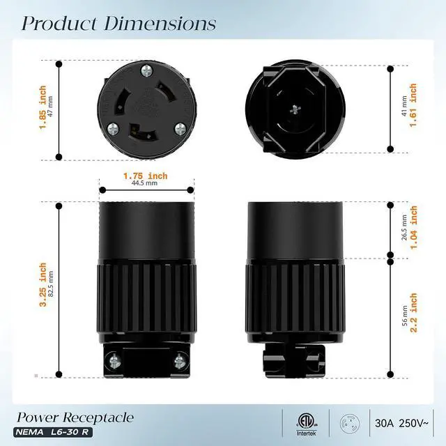 Alt view image 2 of 7 - NEMA L6-30R Locking Plug Receptacle, (ETL Listed) Twist-Lock L6-30 30Amp 250Volt Female Connector, Industrial Grade 30A 250V Replacement Socket, PDL630P Black