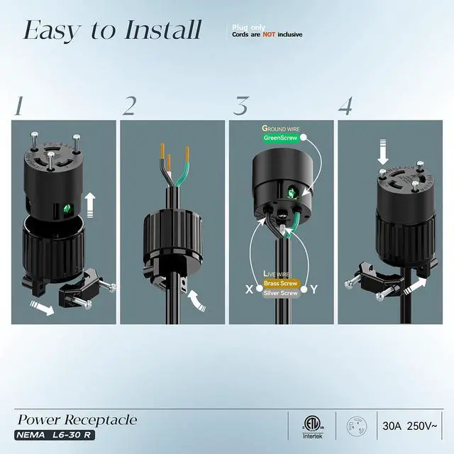 Alt view image 3 of 7 - NEMA L6-30R Locking Plug Receptacle, (ETL Listed) Twist-Lock L6-30 30Amp 250Volt Female Connector, Industrial Grade 30A 250V Replacement Socket, PDL630P Black