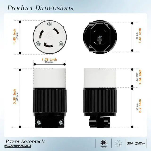 Alt view image 2 of 7 - (2PACK) NEMA L6-30R Locking Plug Receptacle, (ETL Listed) Twist-Lock L6-30 30Amp 250Volt Female Connector, Industrial Grade 30A 250V Replacement Socket, PDL630P Black/White