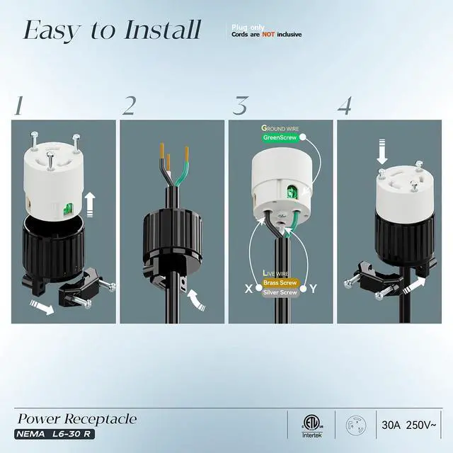 Alt view image 3 of 7 - (2PACK) NEMA L6-30R Locking Plug Receptacle, (ETL Listed) Twist-Lock L6-30 30Amp 250Volt Female Connector, Industrial Grade 30A 250V Replacement Socket, PDL630P Black/White