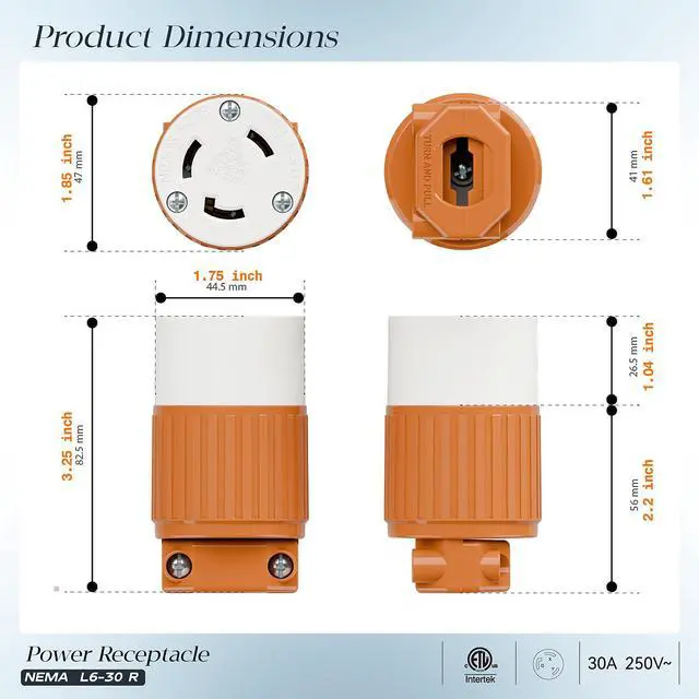 Alt view image 2 of 7 - (2PACK) NEMA L6-30R Locking Plug Receptacle, (ETL Listed) Twist-Lock L6-30 30Amp 250Volt Female Connector, Industrial Grade 30A 250V Replacement Socket, PDL630P Orange