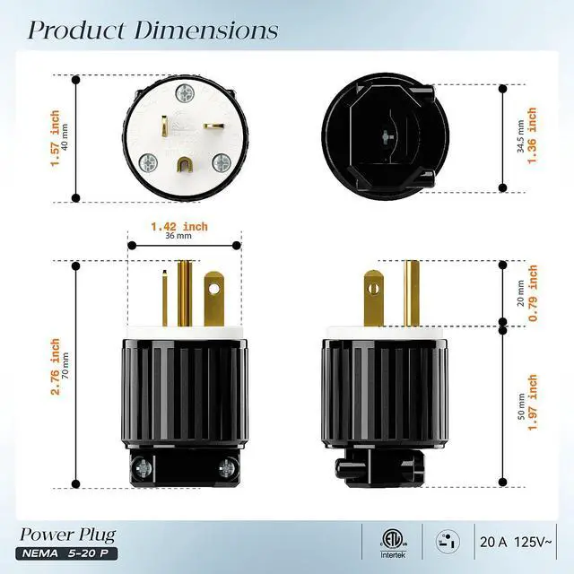 Alt view image 2 of 7 - (10PACK) Nema 5-20P 20A 125V Plug, Plugrand ETL Listed Heavy Duty Plug | 20A125Volt USA Canada 3-Prong Male Rewireable Straight Blade Connector, 20Amp AC Industrial Grade Cord End Plug, Black/White