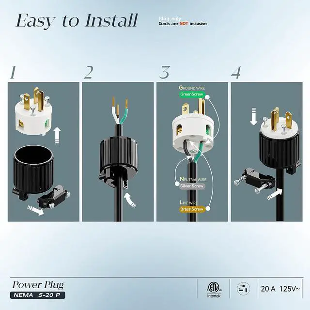 Alt view image 3 of 7 - (10PACK) Nema 5-20P 20A 125V Plug, Plugrand ETL Listed Heavy Duty Plug | 20A125Volt USA Canada 3-Prong Male Rewireable Straight Blade Connector, 20Amp AC Industrial Grade Cord End Plug, Black/White