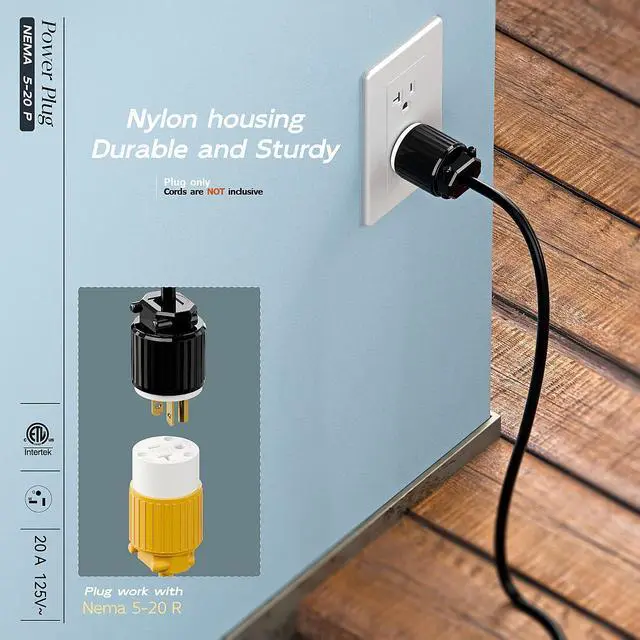 Alt view image 6 of 7 - (10PACK) Nema 5-20P 20A 125V Plug, Plugrand ETL Listed Heavy Duty Plug | 20A125Volt USA Canada 3-Prong Male Rewireable Straight Blade Connector, 20Amp AC Industrial Grade Cord End Plug, Black/White