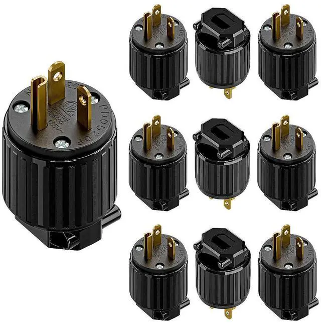 Main image of (10PACK) Nema 5-20P 20Ab125V Plug, Plugrand ETL Listed 20Amp Cord End Plug | Heavy Duty Rewireable 20A/125Volt USA Canada 3-Prong Male Straight Blade Connector, 20Amp AC Industrial Grade , Full Black