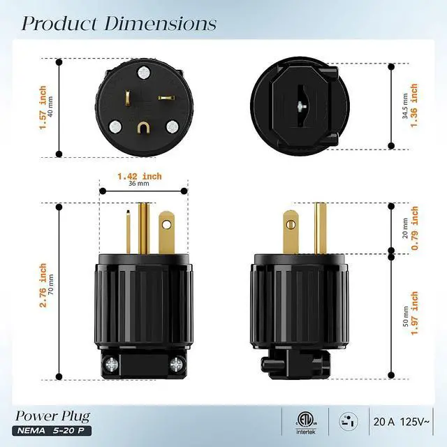 Alt view image 2 of 7 - (2PACK) Nema 5-20P 20A 125V Plug, Plugrand ETL Listed Industrial Plug | Heavy Duty Rewireable 20A/125V USA 3-Prong Male Straight Blade Connector, 20Amp AC Industrial Grade Cord End Plug, Black