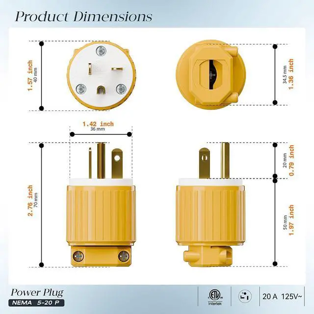 Alt view image 2 of 7 - Nema 5-20P 20A 125V Plug, Plugrand ETL Listed Industrial Cord End Plug | Heavy Duty Rewireable 20A/125Volt Connector, USA Canada 3-Prong Male Straight Blade Industrial Grade Connector, Yellow