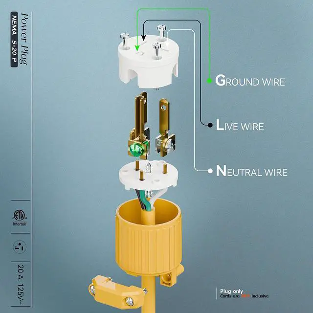 Alt view image 4 of 7 - Nema 5-20P 20A 125V Plug, Plugrand ETL Listed Industrial Cord End Plug | Heavy Duty Rewireable 20A/125Volt Connector, USA Canada 3-Prong Male Straight Blade Industrial Grade Connector, Yellow